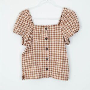 Madewell Tan Gingham Puff Sleeve Blouse